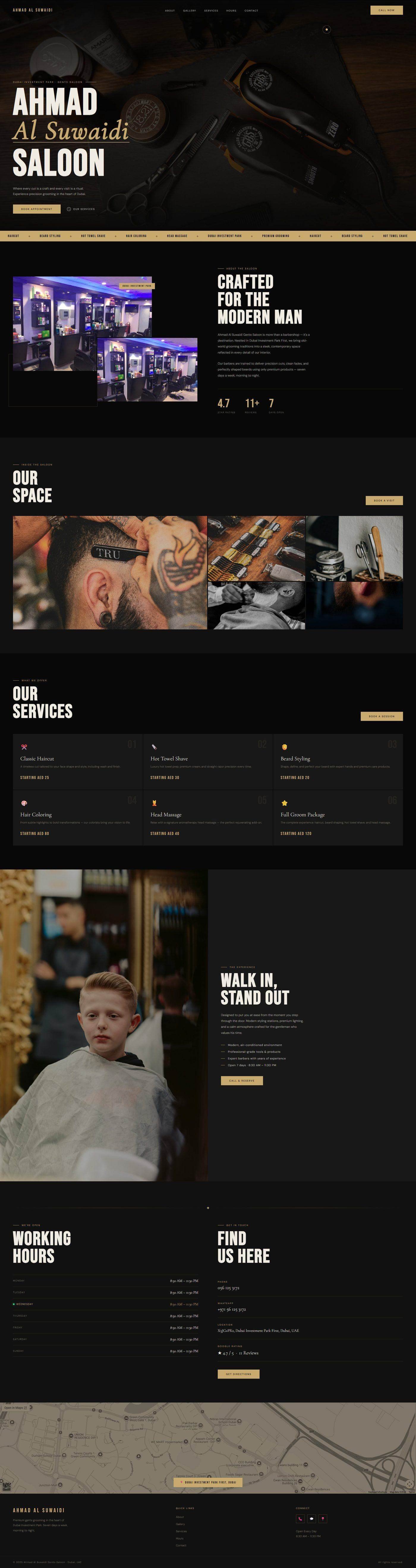 Ahmad Al Suwaidi Saloon - Premium barbershop website with dark gold theme